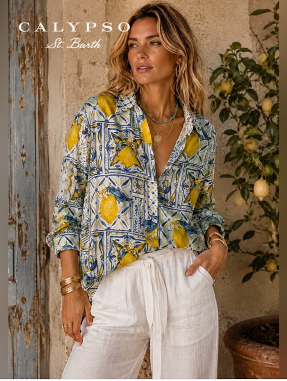 Calypso St. Barth Yellow Blue Lemon Mediterranean Tile Button-Down Shirt
